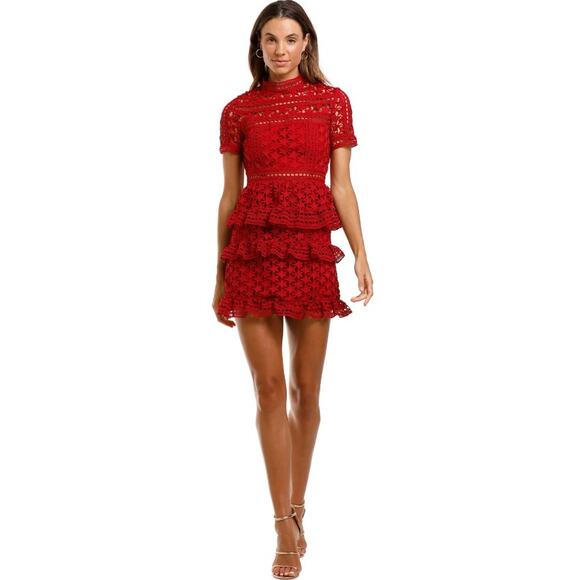 NWT Self-Portrait Red High Neck Star Lace Panel Dress Size 6 Cocktail Evening - Picture 1 of 9